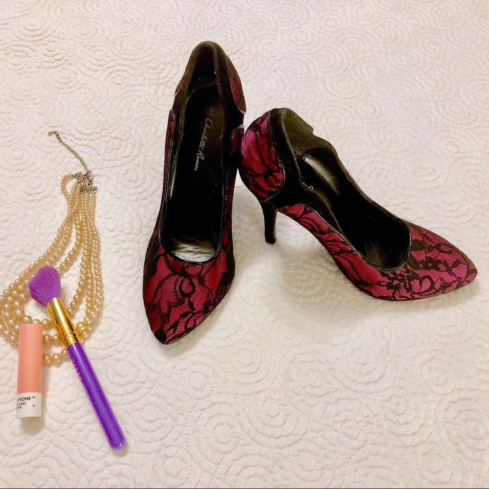 Charlotte Russe Magenta And Black Lace Heels